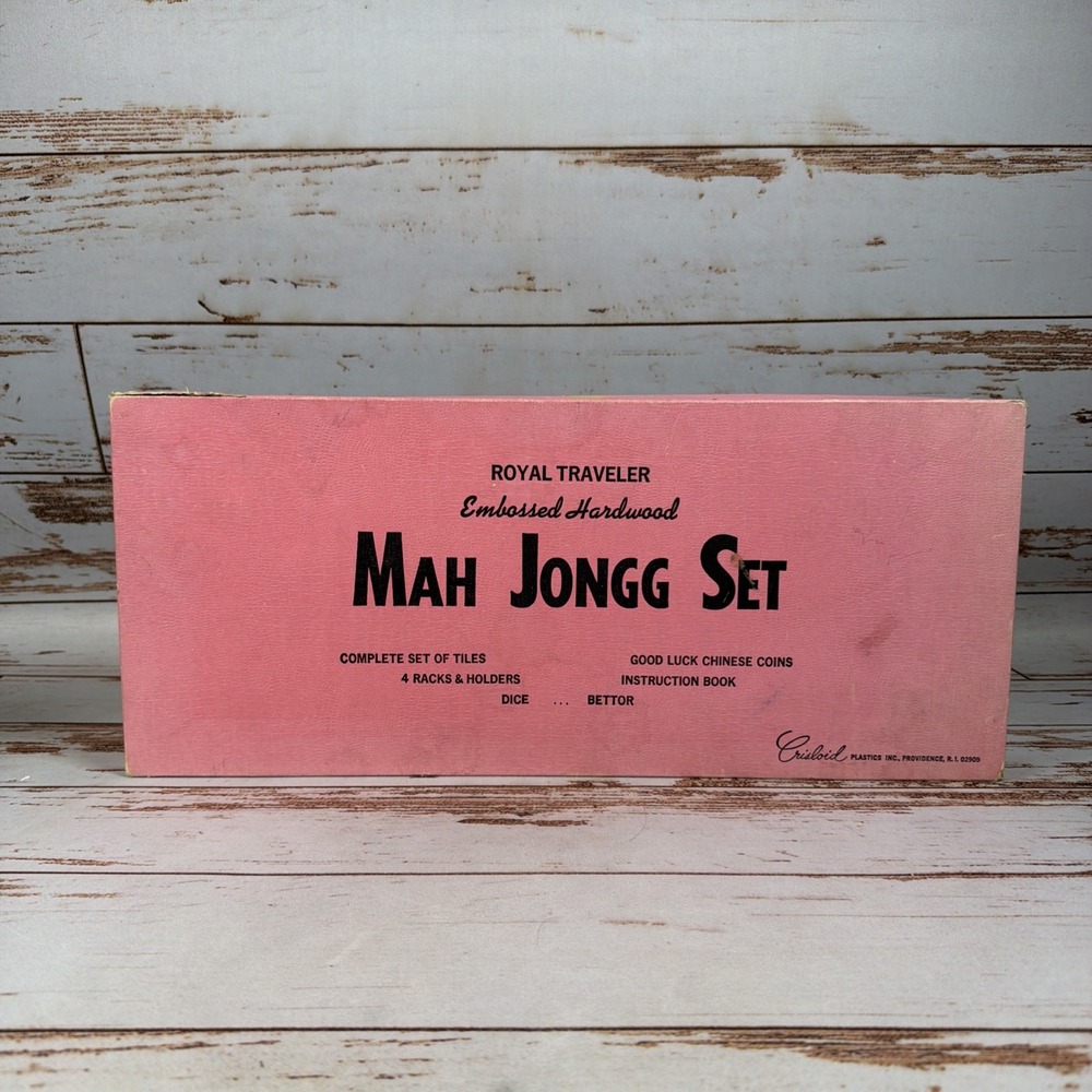 Vintage Royal Traveler Embossed Hardwood Mah Jong Set Colored Racks Tiles Box
